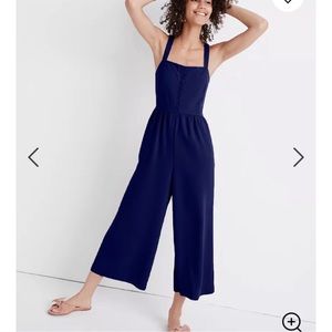 Madewell Smocked Button Front Crop Jumpsuit Navy 0